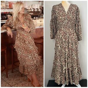 Anna Cate Louise Ruffle Smocked Tiered Midi Dress Size M Red Tan Floral